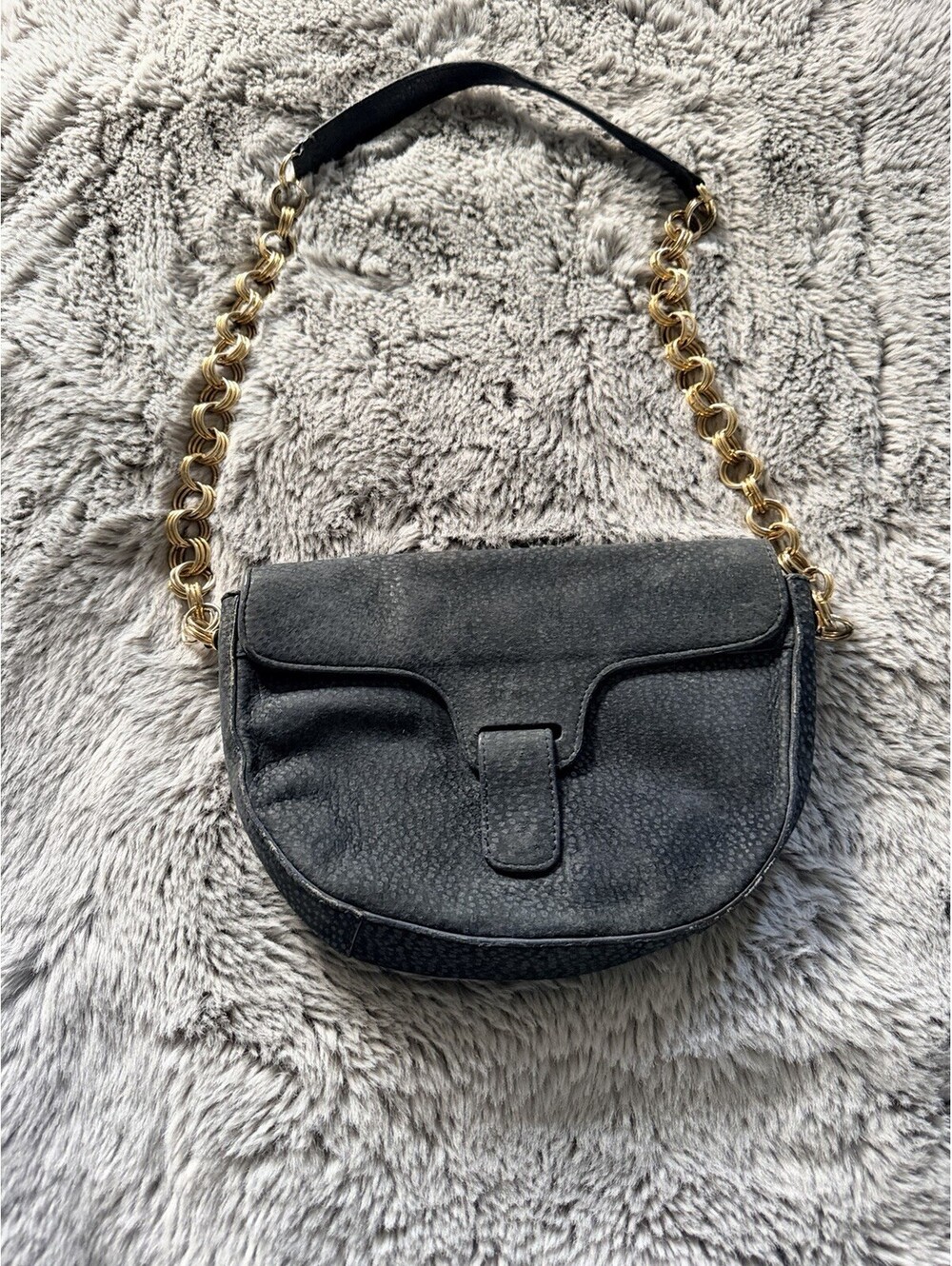 Genuine lizard Blue Pebbled Small Crescent Chain Shoulder Bag Snap Pockets